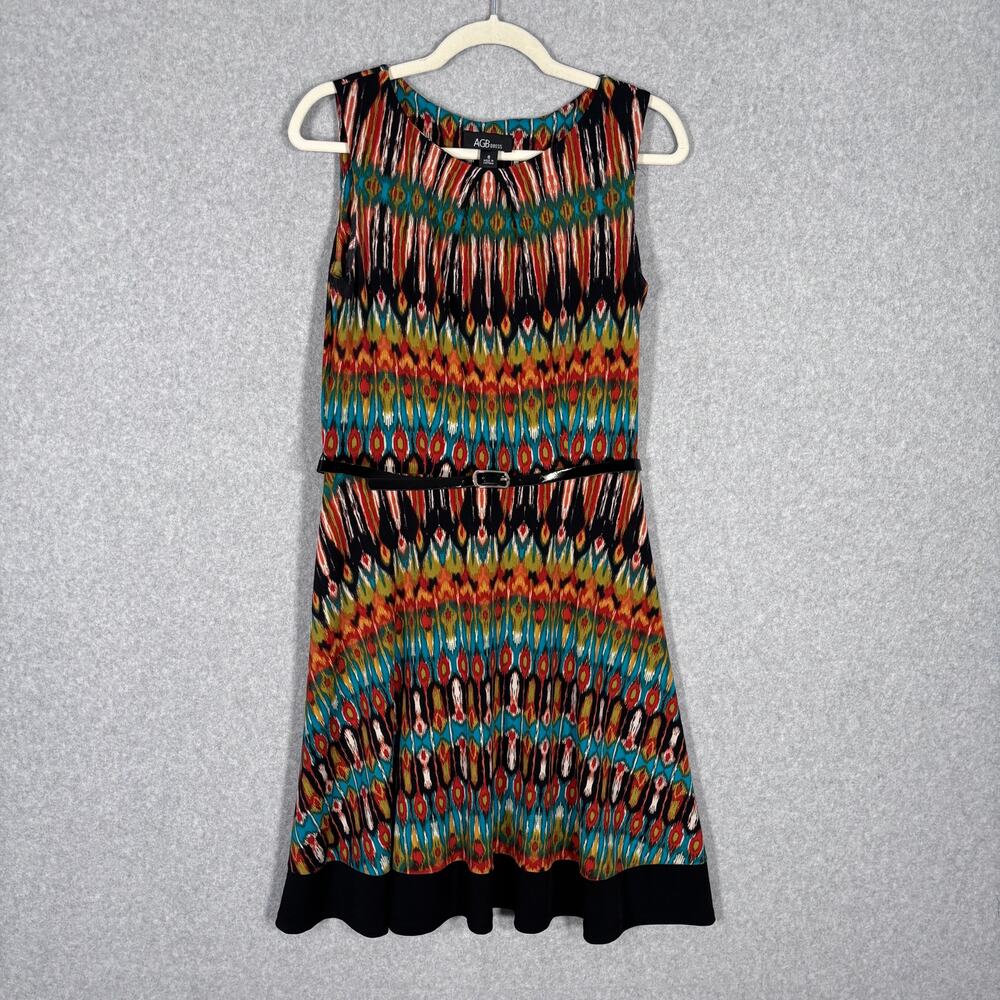 AGB Dress 8 Knee Belt Flowy Slinky Ikat Tribal Southwest Turquoise Teal Resort